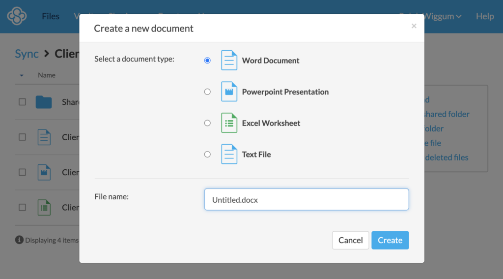 screenshot of the new create button menu.
