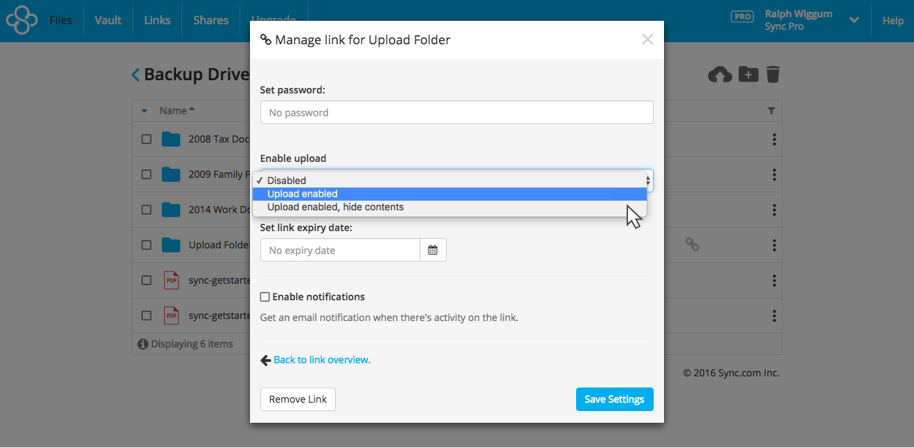 Upload enabled links settings